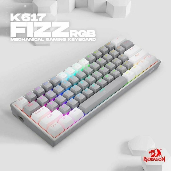 Redragon K617 FIZZ Gaming Μηχανικό Πληκτρολόγιο 60% με Custom Red διακόπτες και RGB φωτισμό (Αγγλικό US) Λευκό / Γκρι